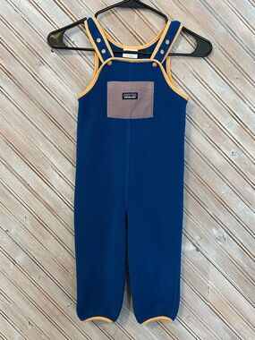 Patagonia Navy Fleece Overalls with Orange Trim and Purple Chest Pocket